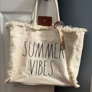 Rae Dunn Cream Tote with Fringe and Text